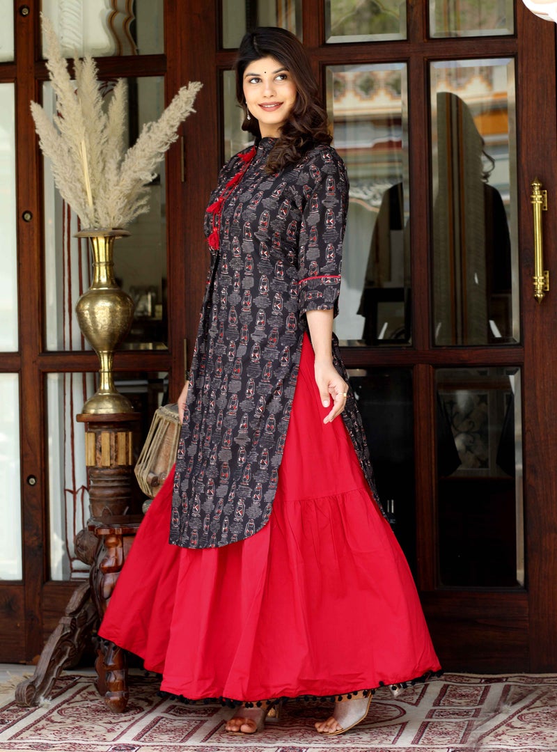 Miravan Black Printed Kurta with Red Skirt Set for Women - Image 3
